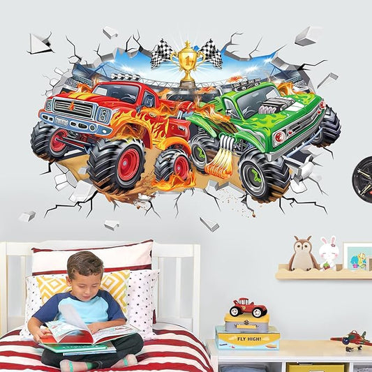 wondever Large 3D Racing Car Wall Stickers Vehicles Truck Break Through Peel and Stick Wall Art Decals for Boys Room Kids Bedroom Playroom