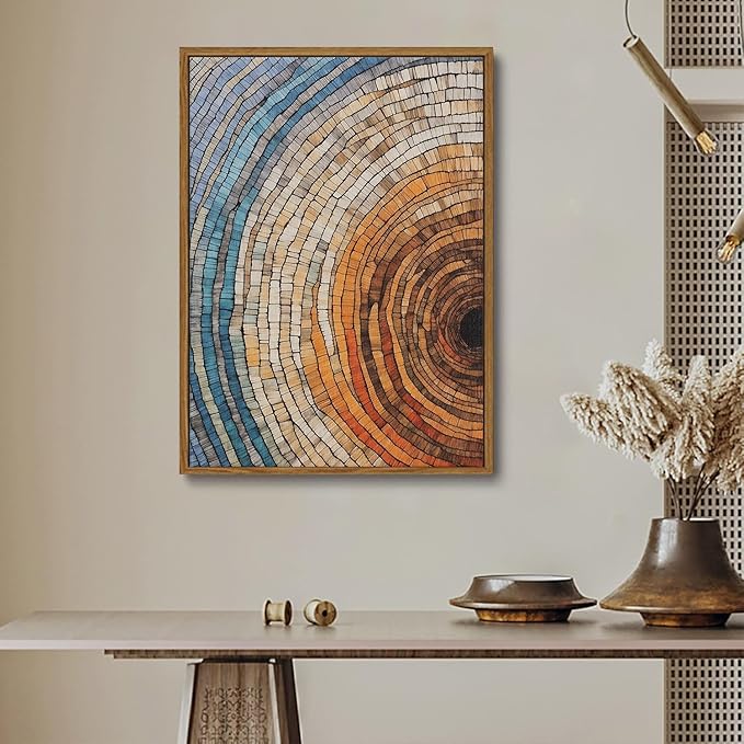 IBHJSART Framed Tree Ring Canvas Wall Art Vintage Colorful Wood Stump Painting Prints Modern Minimalist Pictures Neutral Nature Rustic Farmhouse Decor Living Room Bedroom Bathroom Office