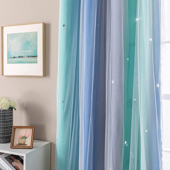 XiDi Curtains for Bedroom Decor, Rainbow BluGrenGrey-34-90