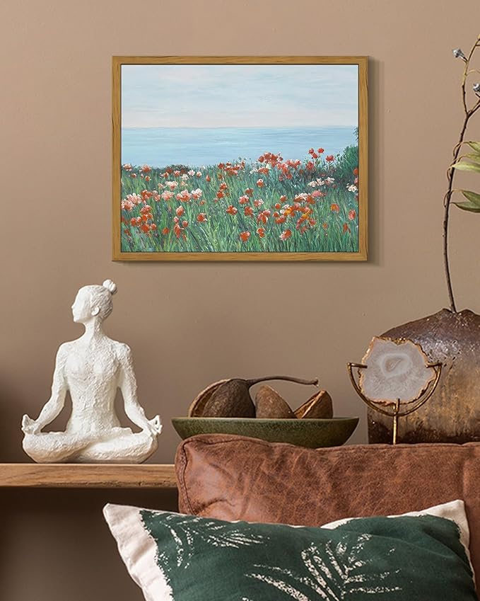 SHENIFY Vintage Framed Wall Art Coastal Wildflower Field Poppy Flower Landscape Scenery Home Decor Retro Decorations for Farmhouse Bedroom Ready to Hang Wall Artwork - 8x10in Natural Framed