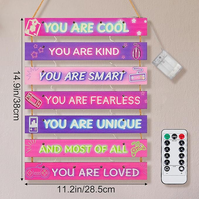 FIOBEE Girls Room Décor for Teen Girls Boys with LED Light Wall Decor for Bedroom Motivational Inspirational Wall Art Girl Room Decoration for Kids Studyroom, 8 Kinds of Lights, Purple Game
