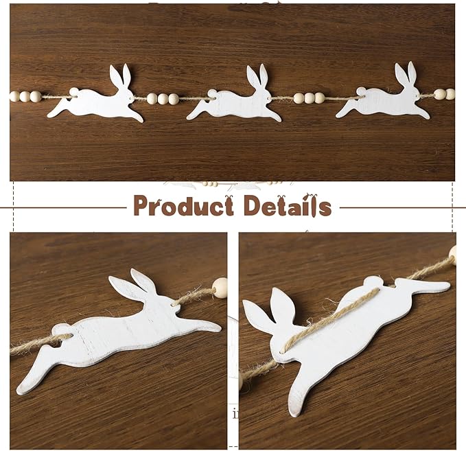 Easter Garland Decorations: Cute Bunny Easter Garland with Wood Beads, Rustic Easter Banner White Jumping Rabbit Easter Decor Indoor for Mantel Fireplace Home Office Wall Farmhouse School