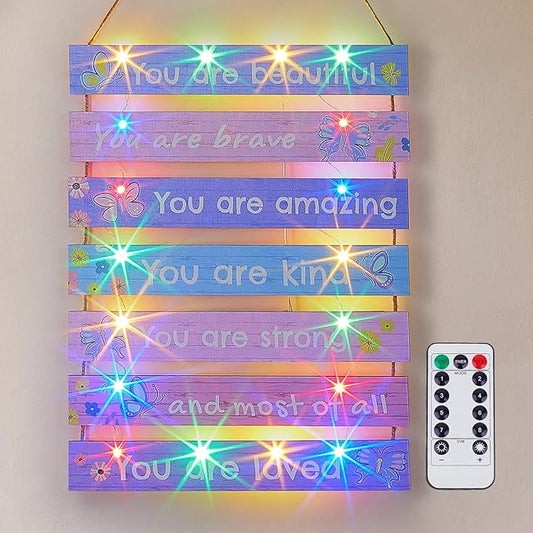 FIOBEE Girls Room Décor for Teen Girls Boys with LED Light Wall Decor for Bedroom Motivational Inspirational Wall Art Girl Room Decoration for Kids Studyroom, 8 Kinds of Lights, Purple Butterfly