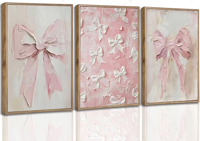 Framed 3D Textured 3Pcs Trendy Pink Bow Canvas Wall Art Vintage Cute Preppy Watercolor Bow Painting Pictures Wall Decor Posters Prints Girly Aesthetic for College Apartment Bedroom Decoration