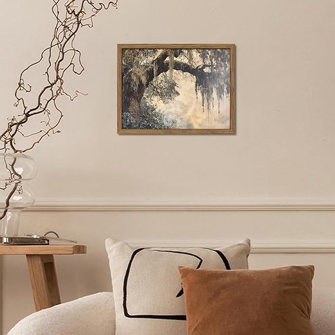 Framed Cottagecore Canvas Wall Art, Vintage Live Oak Tree Pictures Print, Charleston Spanish Moss Oil Paintings, Farmhouse Savannah Southern Wall Decor for Entryway Living Room – 16x24 inch