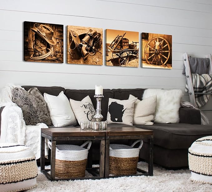 DJSYLIFE Western Decor Cowboy Wall Art for Men's Bedroom Office Canvas Printed Poster Home Decoration Artwork 12" x12" x 4pcs