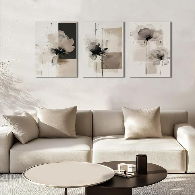 Neutral Abstract Floral Canvas Wall Art Modern Large Minimalist Wall Decor Contemporary Beige Black Flower Posters Prints Picture for Living Room Bedroom Bathroom Office 12x16 In Framed