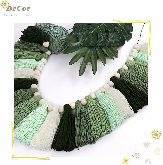 DrCor 15ft Sage Green Gradient Tassel Garland – Handmade Yarn Bunting Banner for Nursery, Kids Room, Baby Shower, Birthday Party Backdrop, Dorm Wall Hanging or Cozy Home Decor
