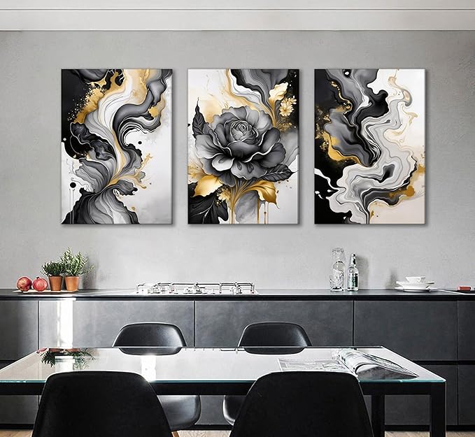 3pcs Black And Gold Abstract Canvas Wall Art Modern Black Grey And Gold Marble Wall Decor Pictures Minimalist Foil Fluid Texture Posters Prints for Living Room Bedroom Office Home Decoration