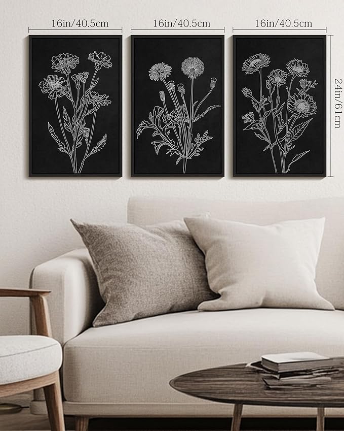 Drsoum Vintage Boho Botanical Flower Wall Art Framed Retro Floral Wall Prints Wildflower Neutral Rustic Bohemain Artwork Kitchen Bedroom Ready to Hang 16x24in Black Framed