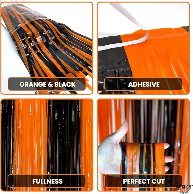 KatchOn, Black and Orange Foil Fringe Curtain - XtraLarge 3.2x8 Feet, Pack of 2 | Orange and Black Streamers, Halloween Decorations | Fringe Backdrop Curtain for Birthday, Basketball Party Decorations
