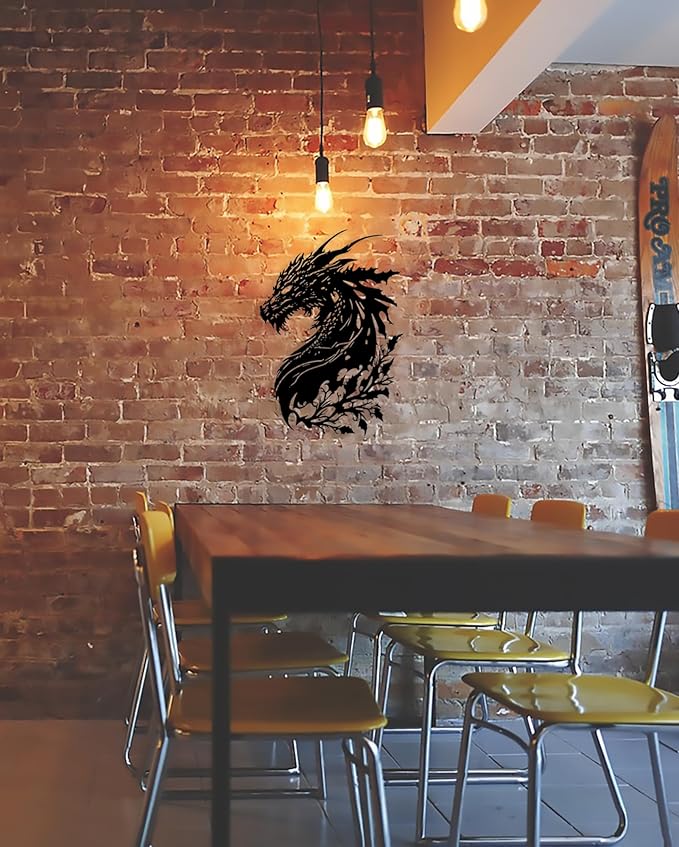 Dragon Metal Wall Art Medieval Decor Fantasy Decorations for Living Room Bedroom Office Man Cave Decor for Men Dragon Lover's Gifts (14.2 In X 11.4 In Black）