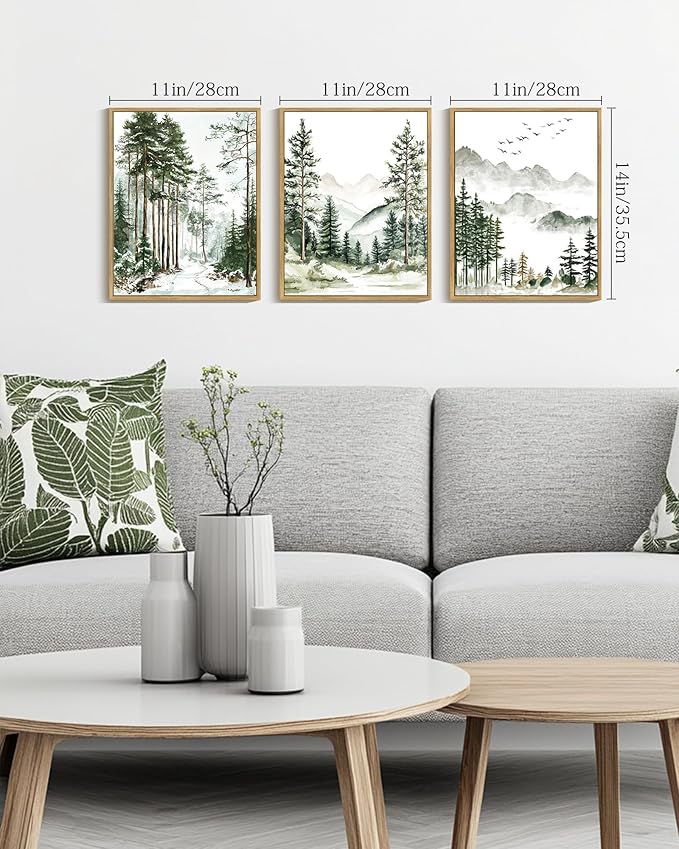 Drsoum Green Tree Forest Mountain Framed Wall Art Nature Landscape Prints Morden Wilderness Artwork Hallway Bedroom Ready to Hang 11x14in Natural Framed