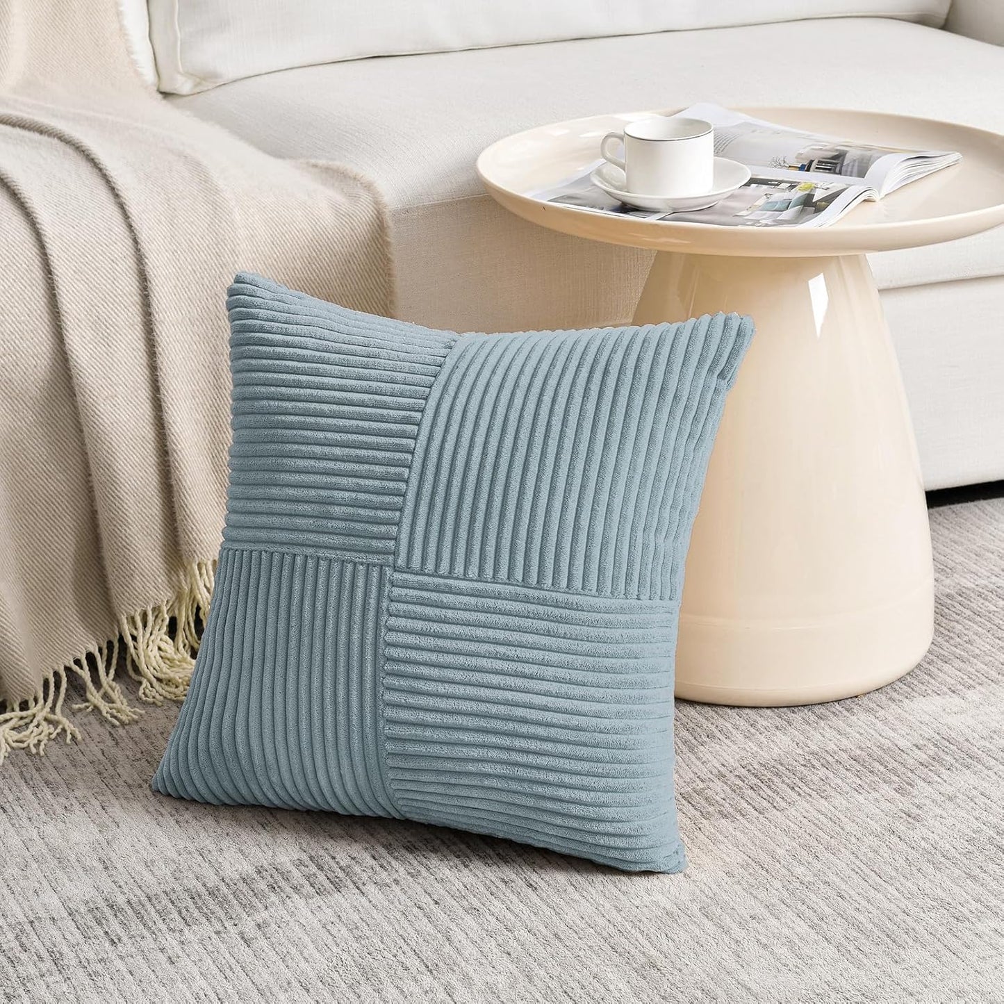 Fancy Homi Set of 2 Light Blue Big Decorative Throw Pillow Covers 24x24 Inch for Couch Bed Sofa, Rustic Farmhouse Boho Home Decor, Soft Cross Corduroy Patchwork Accent Square Cushion Case 60x60 cm