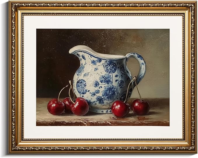 VIYYIEA Gold Framed Classic Still Life Wall Art, Vintage Blue and White Floral Pitcher with Sweet Red Cherries, Elegant Kitchen Wall Decor | Zero-Glare No Glass Design | 13x16 Inch