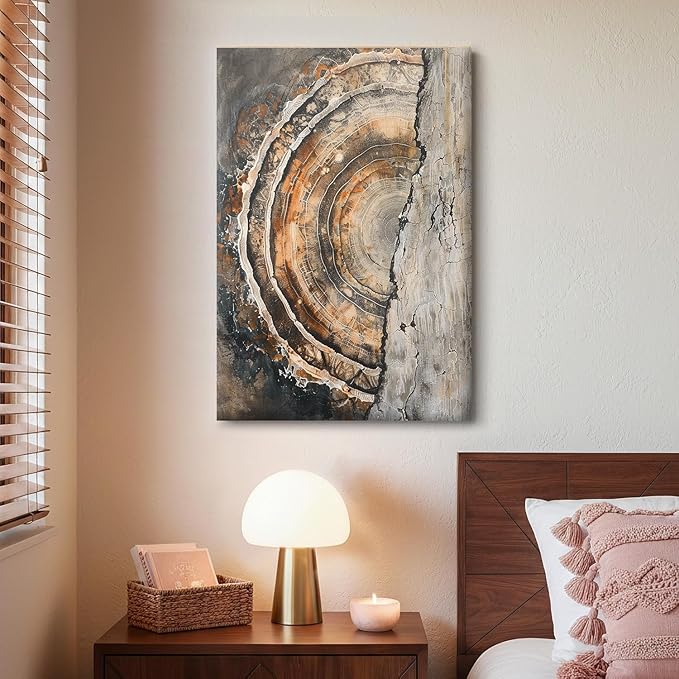 IBHJSART Framed Tree Ring Canvas Wall Art Vintage Colorful Wood Stump Painting Prints Modern Minimalist Pictures Neutral Nature Rustic Farmhouse Decor Living Room Bedroom Bathroom Office