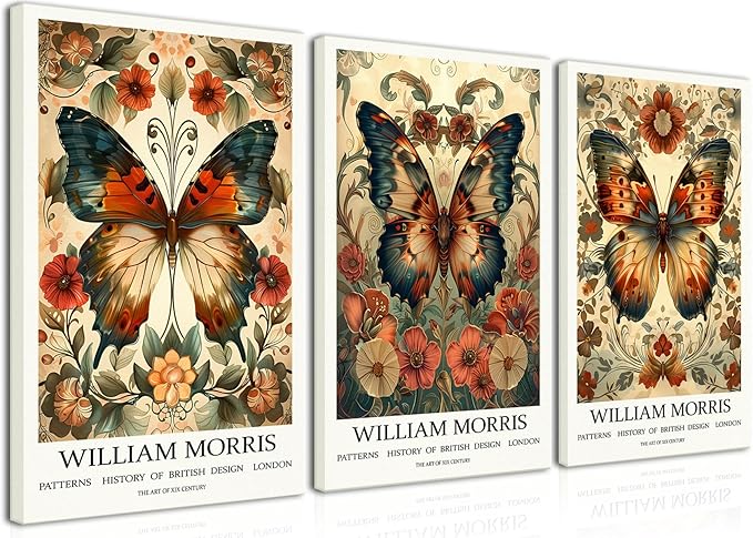 Djmwtb William Morris Canvas Wall Art Vintage Butterfly Poster Prints Framed Set of 3 Botanical Aesthetic Pictures Gallery Artwork Nouveau Painting Decor for Living Room Bedroom 12x16in