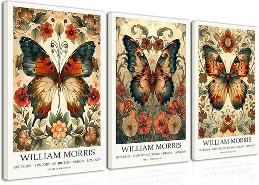 Djmwtb William Morris Canvas Wall Art Vintage Butterfly Poster Prints Framed Set of 3 Botanical Aesthetic Pictures Gallery Artwork Nouveau Painting Decor for Living Room Bedroom 12x16in