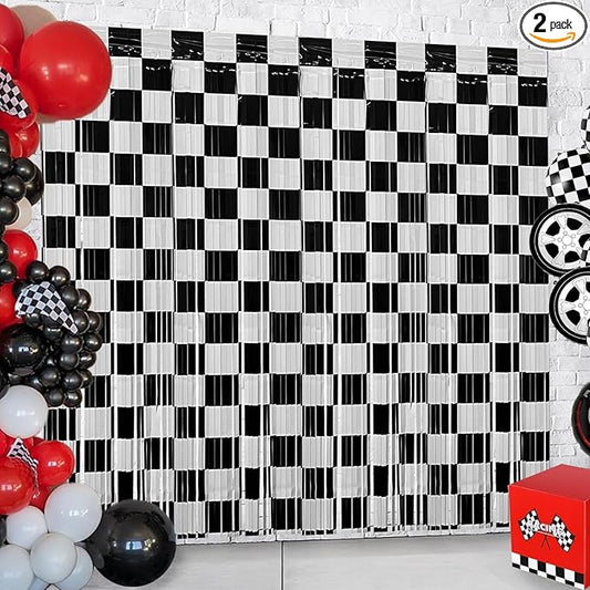 Race Car Birthday Party Streamers Backdrops Decorations, 6 Pcs Checkered Black White Foil Fringe Curtain Photo Booth Props for Racing Cars One Happy Dude Party Decor Supplies