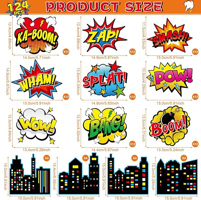 124Pcs Super Theme Hero Decor Super Bulletin Board Heroes Party Decorations Back to Bulletin Board Set Party Supplies for Birthday Shower Favors