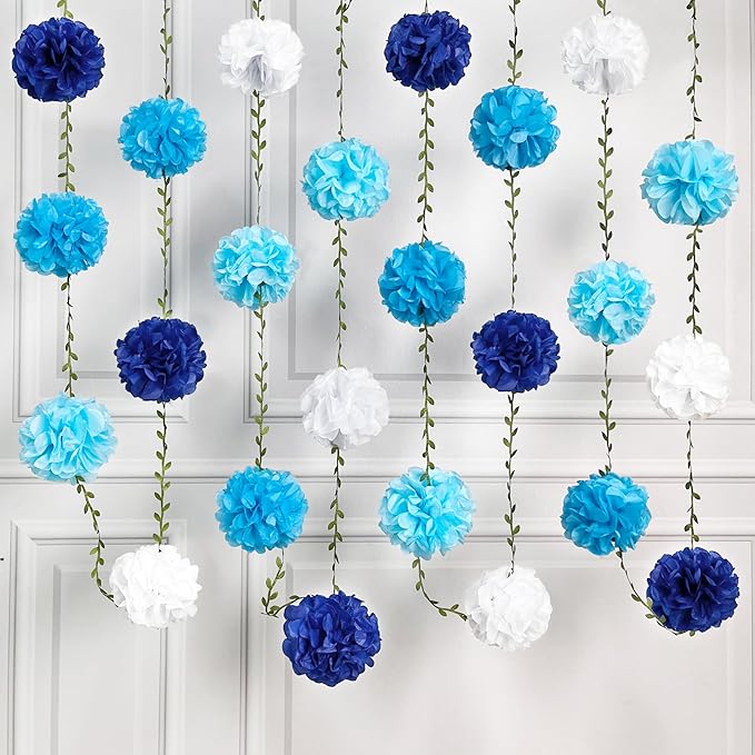 Blue White Party Decorations Ombre Blue Tissue Paper Flowers Pom Pom with Leaf Ribbon Hanging Garland Streamer for Birthday Baby Shower Wedding Under The Sea Nautical Ahoy Achor Party Supplies