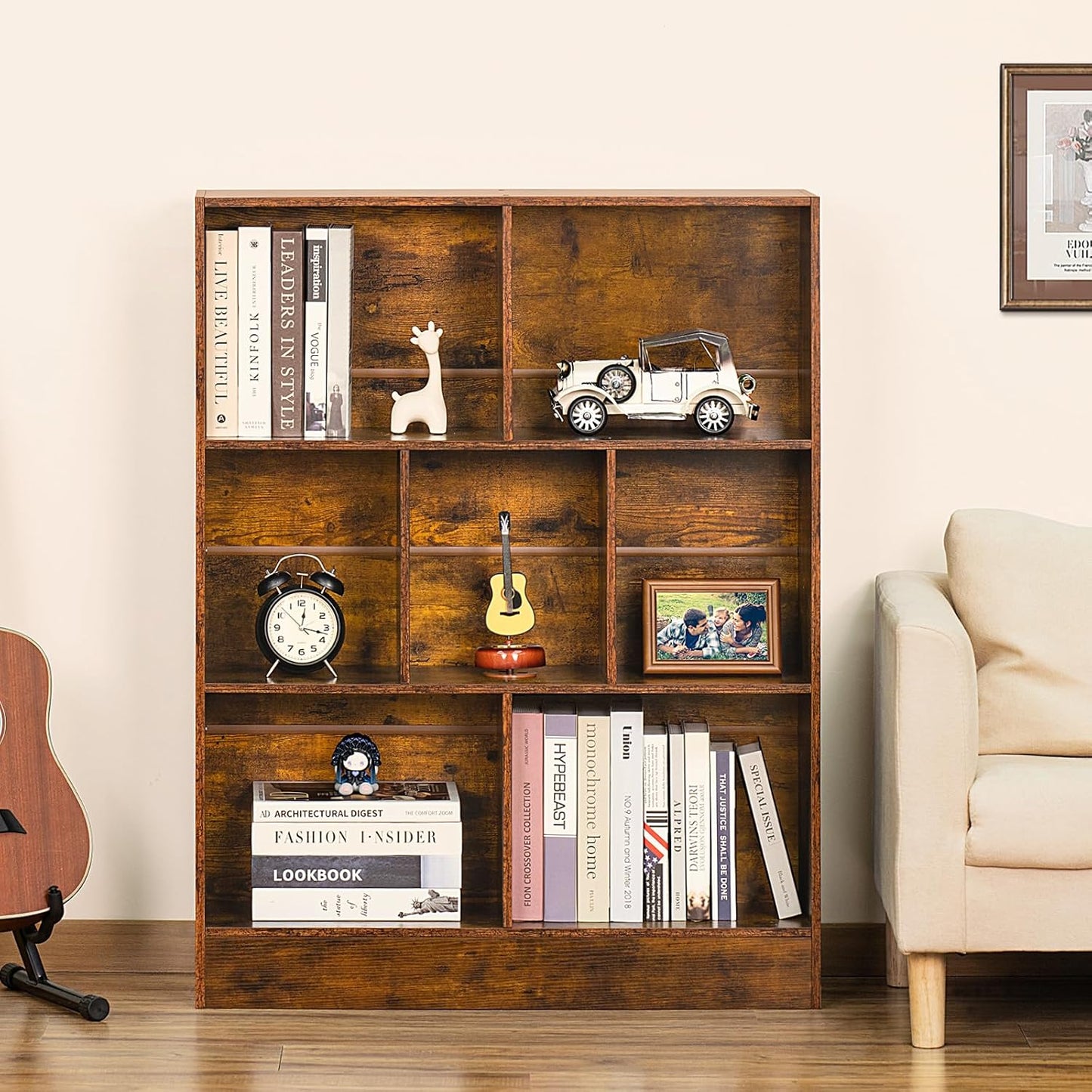 LEYAOYAO 7 Cube Bookshelf with Wood Base, Brown 3 Tier Mid-Century Modern Bookcase,Standing Wide Bookshelves Storage Organizer Shelf,Rustic Display Cabinet Book Shelves for Bedroom,Living Room,Office