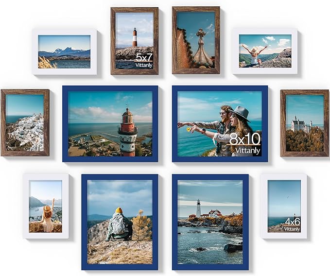Vittanly 12 Pack Picture Frames Collage Wall Decor for Mounting or Tabletop Display, Gallery Wall Frame Set for Family, Multi Sizes Including 4pcs 8x10, 4pcs 5x7, 4pcs 4x6, Blue & Brown & White