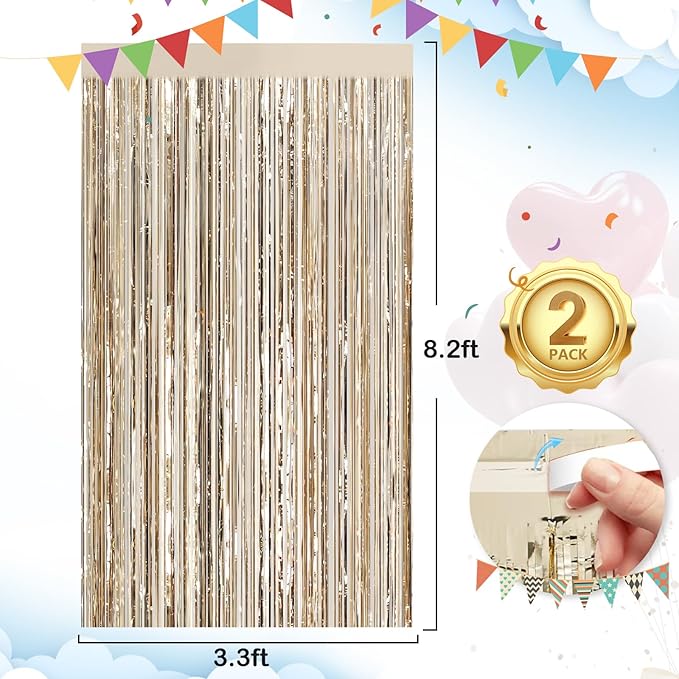 Champange Party Streamers Fringe Curtain 2Pack 3.3 x 8.3 Ft Foil Fringe Backdrop Curtains for Birthday Wedding Bridal Baby Shower Holiday Tinsel Streamers Party Decorations Door Streamer