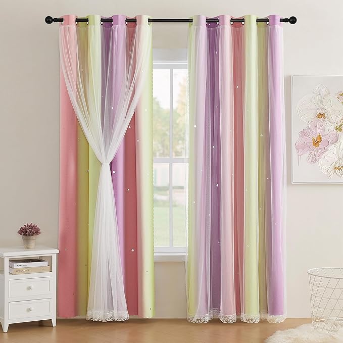 XiDi Pink Yellow Curtains for Girls Bedroom Decor Kids Blackout Curtains for Nursery Room Darkening Rainbow Princess Unicorn Wall Decals Little Girl Pink Yellow Purple 34x72 Inches Long 2 Panels Set