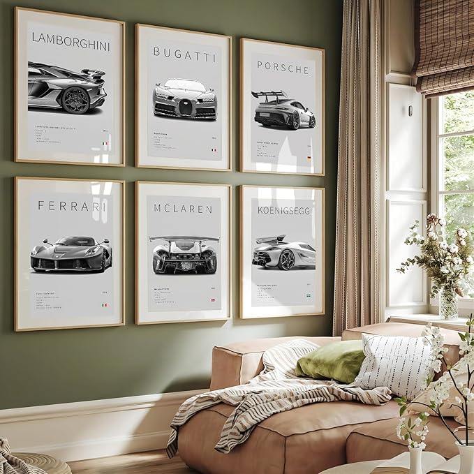 CSLGQGV Car Poster Vintage Racing Car Wall Art Supercar Canvas Prints Painting For Men Room Pictures Guys Dorm Room Aesthetics Decor Bedroom Office (Unframed,8×10inch,6pcs)