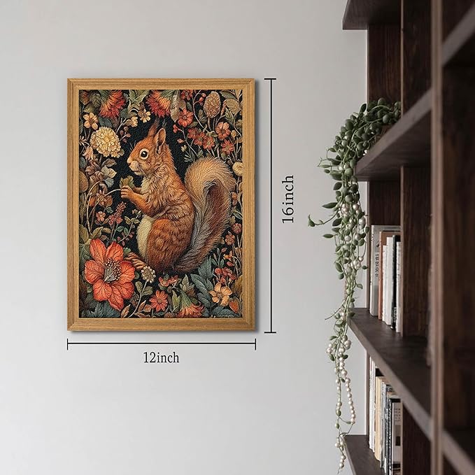Framed Vintage Squirrel Wall Art, 3D Textured Squirrel Among Flowers Painting Art, Hand Drawn Sandstone Botanical Floral Pictures, Modern Farmhouse Wall Decor for Living Room Bedroom 12x16 inch