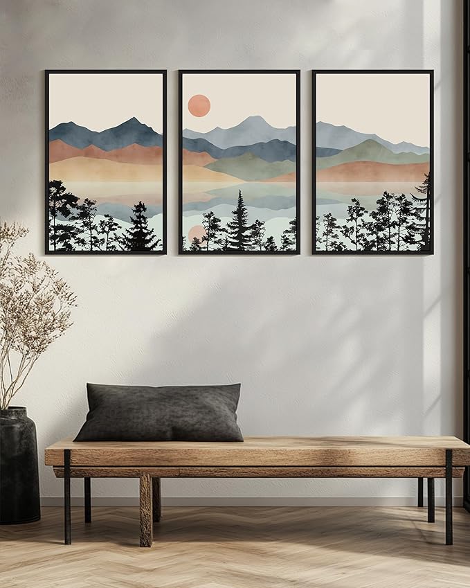 Drsoum Mountain Range Landscape Wall Art Framed Ink Wash Watercolor Nature Wall Decor Laker Sun Rises Prints Bedroom Living Room Ready to Hang 24x36in Black Framed