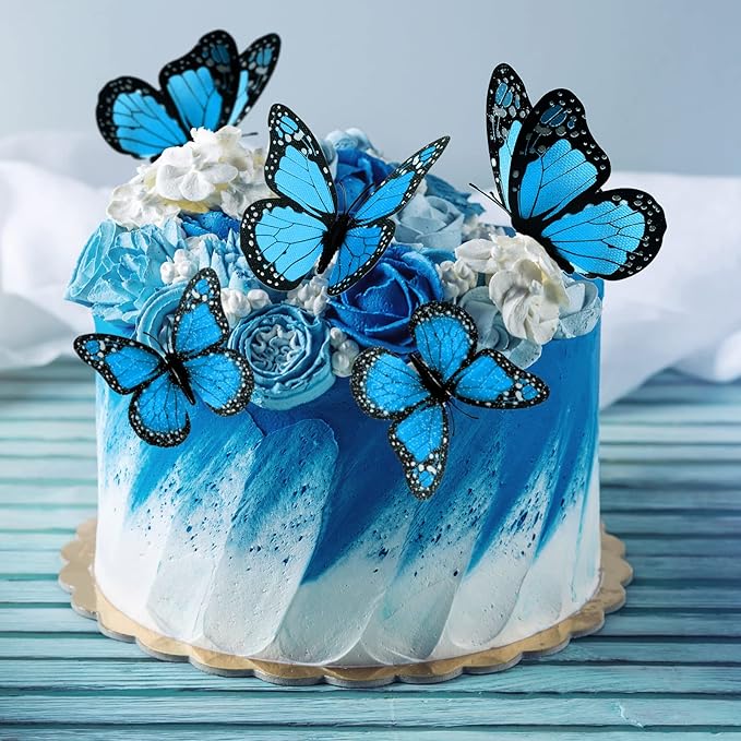 Chuangdi 48 Pcs Blue Monarch Butterfly Decorations 3 Size Fake Butterflies Realistic Butterfly Craft Artificial Mariposas Wall Decor for Craft Wedding Home Birthday Party (3.2inch,4inch,4.7inch)
