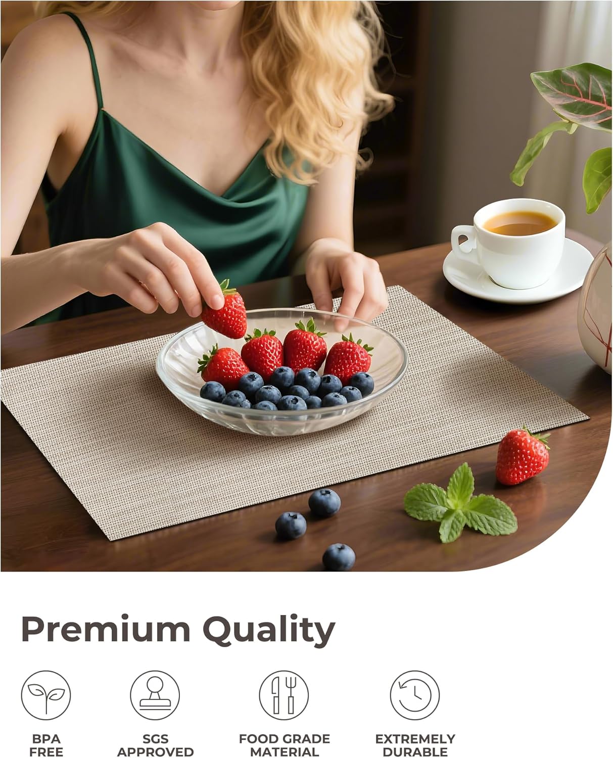 Leetaltree Beige White Placemats Set of 24 - Heat Resistant Non-Slip Place mats for Dining Table, Washable Durable PVC Vinyl Woven Table Mats（Beige White, 24）