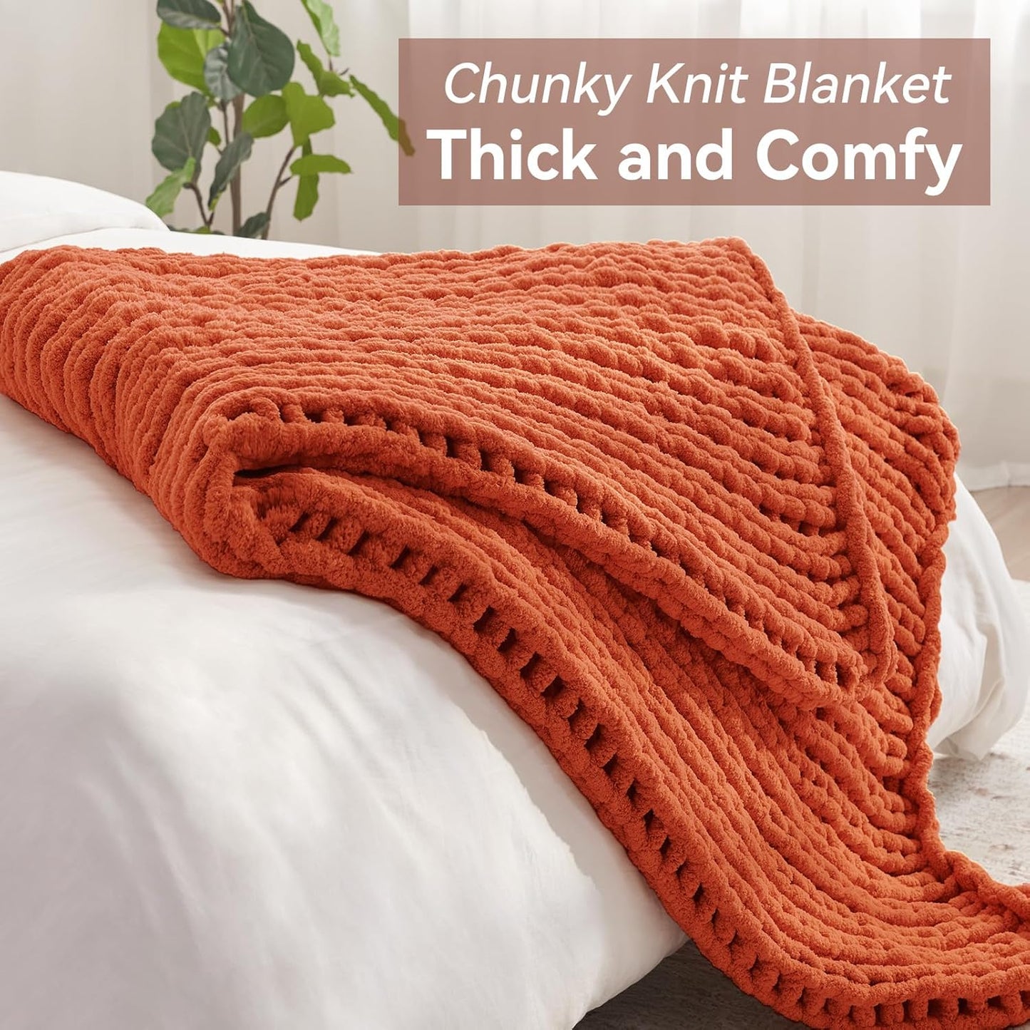 Chunky Knit Throw Blanket, 50''*60'' Knitted Throw Chenille Yarn for Bed Couch, Handmade Orange Crochet Big Thick Blanket, Machine Washable Cute Comfy Blanket for Home Decor