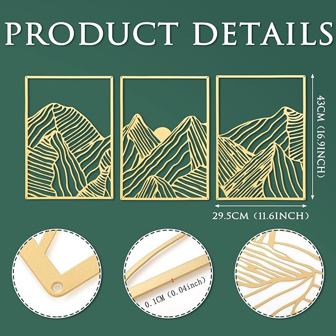 Peryiter 3 Pcs Metal Wall Art Decor Landscape Mountain Wall Hanging Decor for Living Room Abstract Minimalist Modern Mountain Line Pictures Bathroom Office Home Gifts Indoor(Gold)