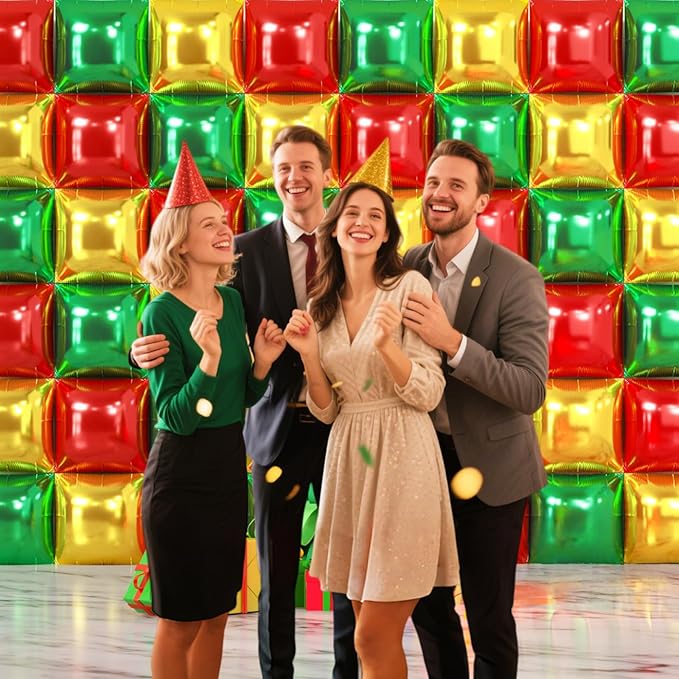 NISOCY 48PCS Red Green Gold Square Foil Balloons Wall Backdrop Double Sided Red Green Gold Balloons Arch Kit for Birthday Christmas New Year’s Graduation Anniversary Wedding Party Decorations