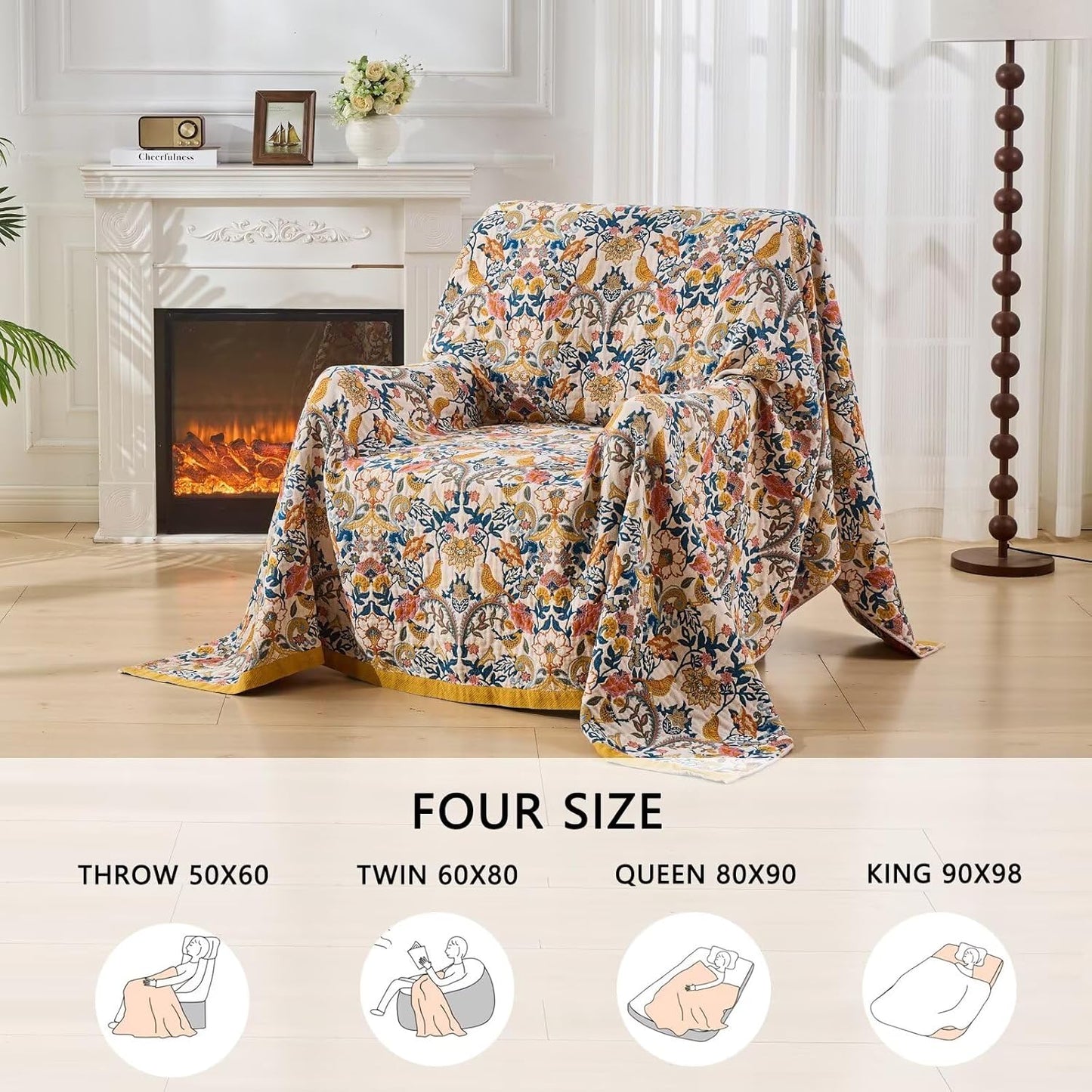Boho Throw Blanket for Bed Couch 100% Cotton Woven Bed Throws for Summer, Lightweight and Soft Cozy Farmhouse Reversible Muslin Decorative Blanket for Travel Picnic, Teal/Cream, 80"x90"