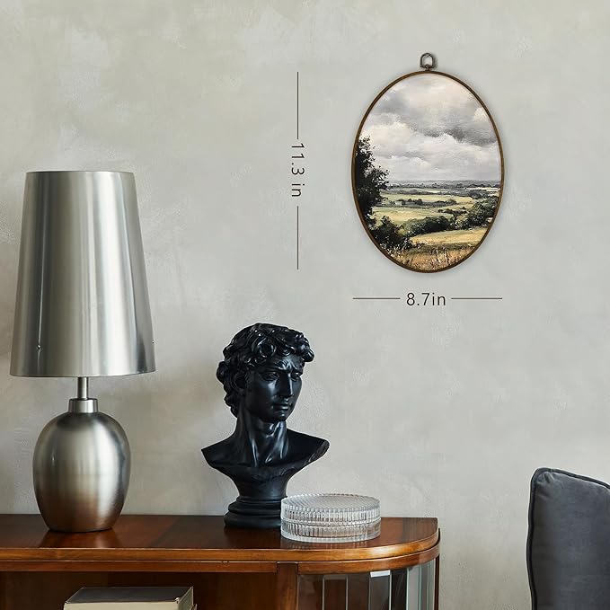 Gnmduw Vintage Farmhouse Field Landscape Oval Wall Art Framed, Wildflower Field Nature Landscape Canvas Prints Hanging Decor Decorations, Cottagecore Wall Decor for Living Room Bedroom, 8.7x11.3 Inch