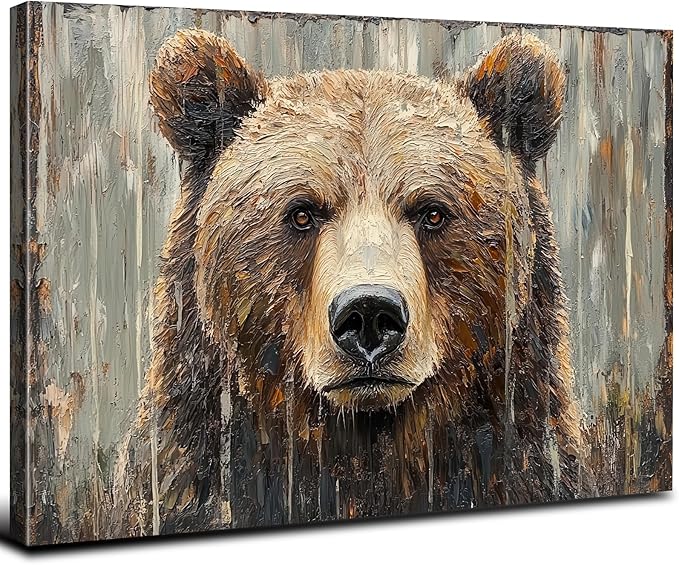 Farmhouse Wall Decor Bear Wall Art Funny Animal Painting Rustic Animal Heads Canvas Prints Nature Wildlife Portrait Pictures Modern Artwork for Kid Bedroom Living Room Home Decoration 32x48"