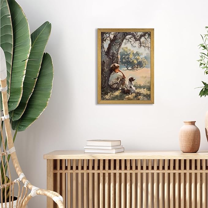 Wood Framed Canvas Wall Art, Vintage Boy and Dog Painting Poster, Countryside Pastoral Landscape Print Picture, Rustic Farmhouse Wall Decor for Living Room Bedroom Nursery 16x24 inch