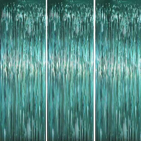 3.3 x 6.6 ft Foil Fringe Backdrop Curtains, Tinsel Streamers Party Decorations, Fringe Backdrop for Birthday, Baby Shower, Gender Reveal, Graduation (3, Retro Green)