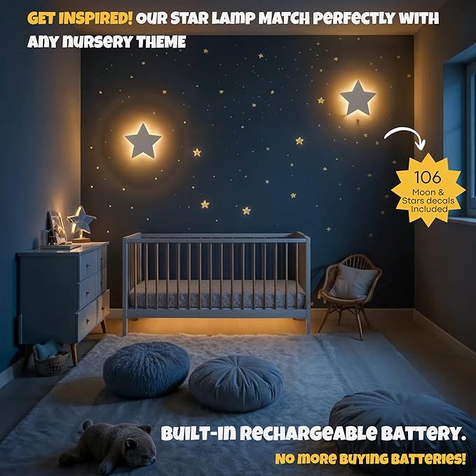 Star Wall Light for Nursery – Crib and Toddlers Night Light - Rechargeable & Dimmable Warm Light - 106 Pcs Moon and Star Decals Included