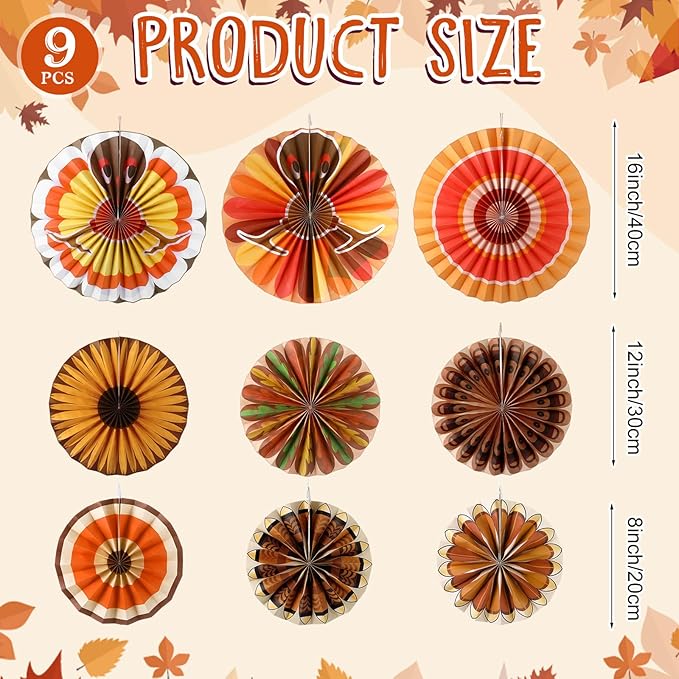 Outus 9 Pcs Thanksgiving Party Decorations Paper Fans Hanging Turkeys Thanksgiving Birthday Decorations Turkey Maple Leaves Hanging Ceiling Decor Fall Autumn Birthday Wedding Party Classroom Office