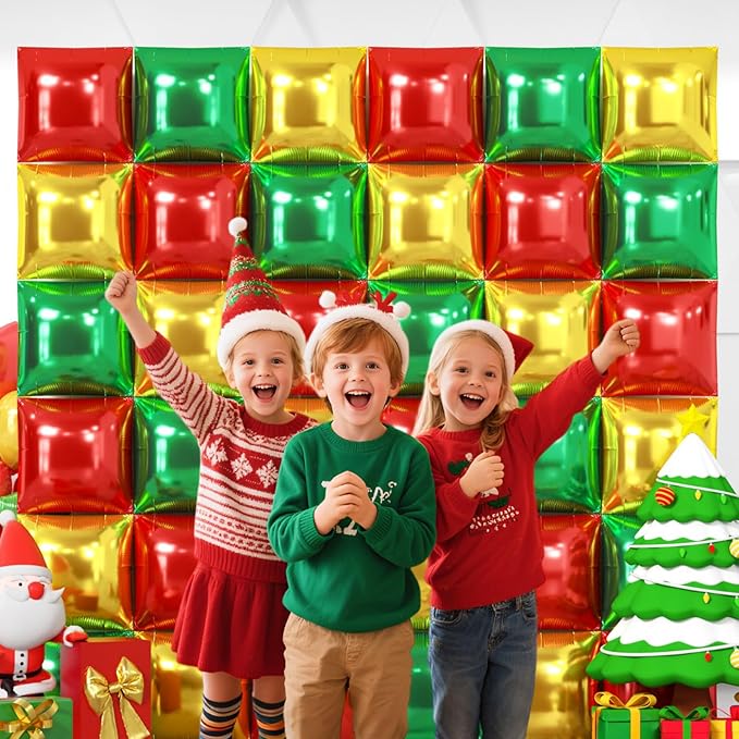 NISOCY 36PCS Red Green Gold Square Foil Balloons Wall Backdrop Double Sided Red Green Gold Balloons Arch Kit for Birthday Christmas New Year’s Graduation Anniversary Wedding Party Decorations