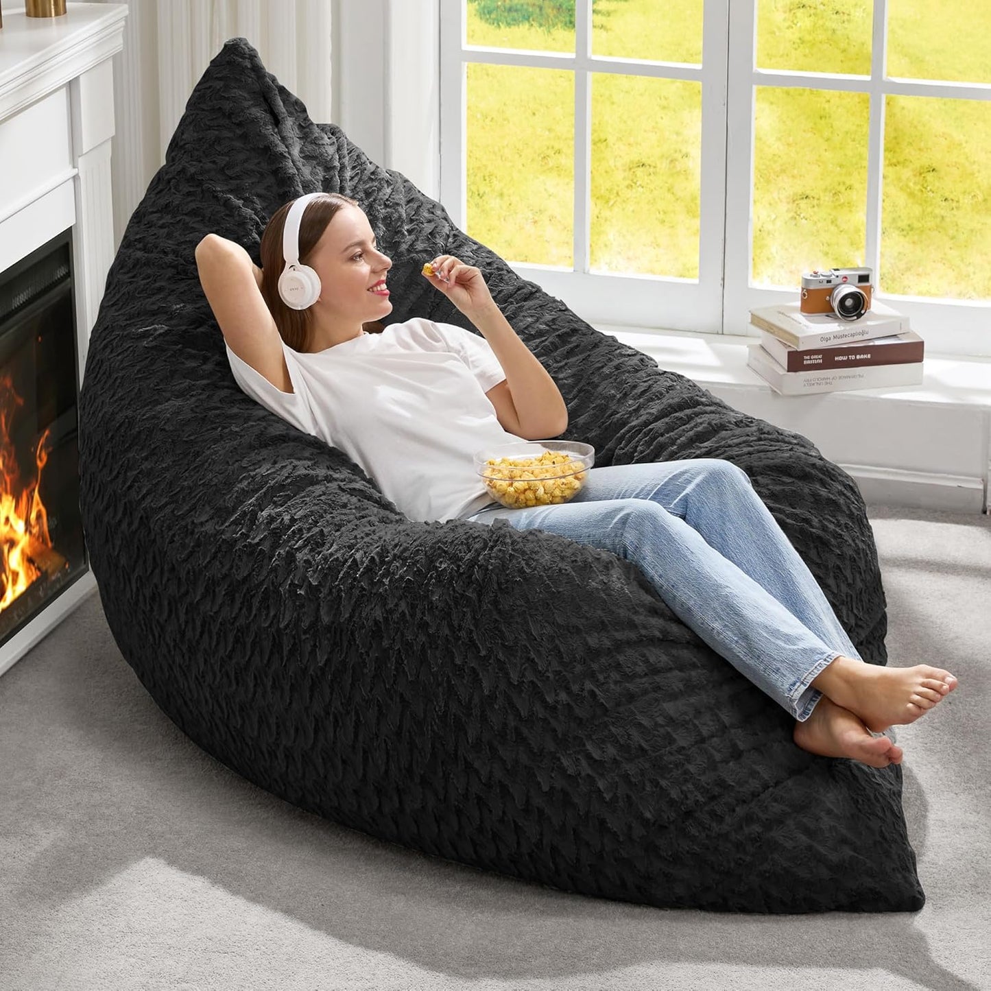 Hobestluk 3 in 1 Bean Bag Chair Giant Bean Bag Chairs for Adults with Chevron Plush Fur Cover Convertible Bean Bag Floor Cushion with Machine Washable Cover for Living Room (Chevron Plush Black)