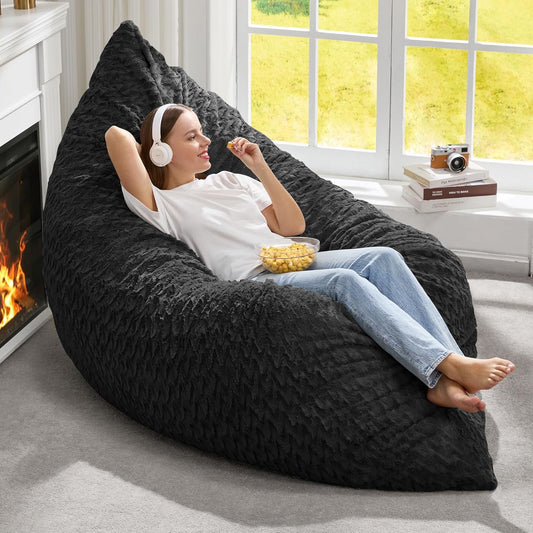 Hobestluk 3 in 1 Bean Bag Chair Giant Bean Bag Chairs for Adults with Chevron Plush Fur Cover Convertible Bean Bag Floor Cushion with Machine Washable Cover for Living Room (Chevron Plush Black)