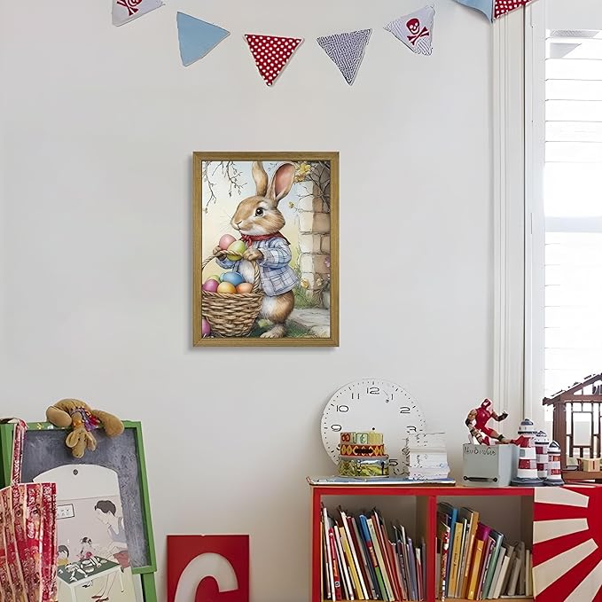 Framed Easter Bunny Wall Art, Cute Rabbit Easter Eggs Canvas Print Paintings, Vintage Holiday Decor Oil Painting, Rustic Farmhouse Spring Animal Wall Decor for Living Room Bedroom Nursery 16x24 Inch