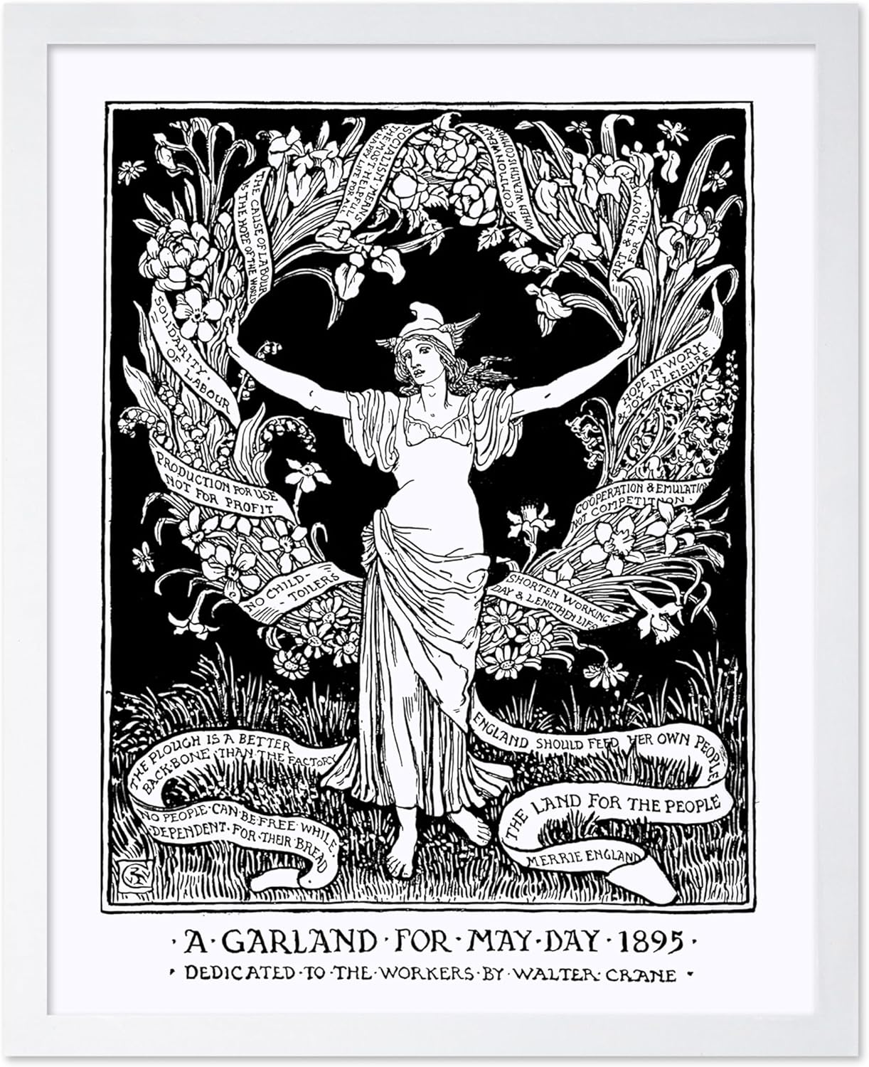 Poster Master Vintage Walter Crane Poster - Retro A Garland for May Day Print - Socialist Art - Gift for Him, Her, Men, Women - Wall Decor for Home, Office, Living Room, 8x10 White Framed