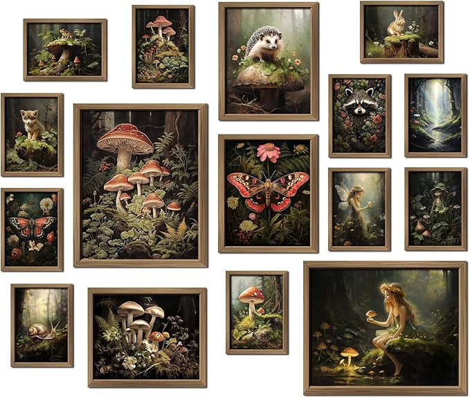 ANERZA 16 PCS Dark Cottagecore Wall Art Decor, Cottage Core Gallery Wall Prints for Bedroom, Fairycore Posters for Living Room Aesthetic, Nature Forest Mushroom Collage Kit, Whimsical Dorm Home Decor